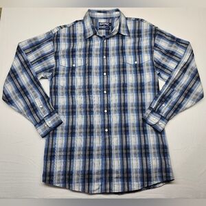 Panhandle Slim Plaid Western Shirt‎ Mens Medium Blue White Long Sleeve